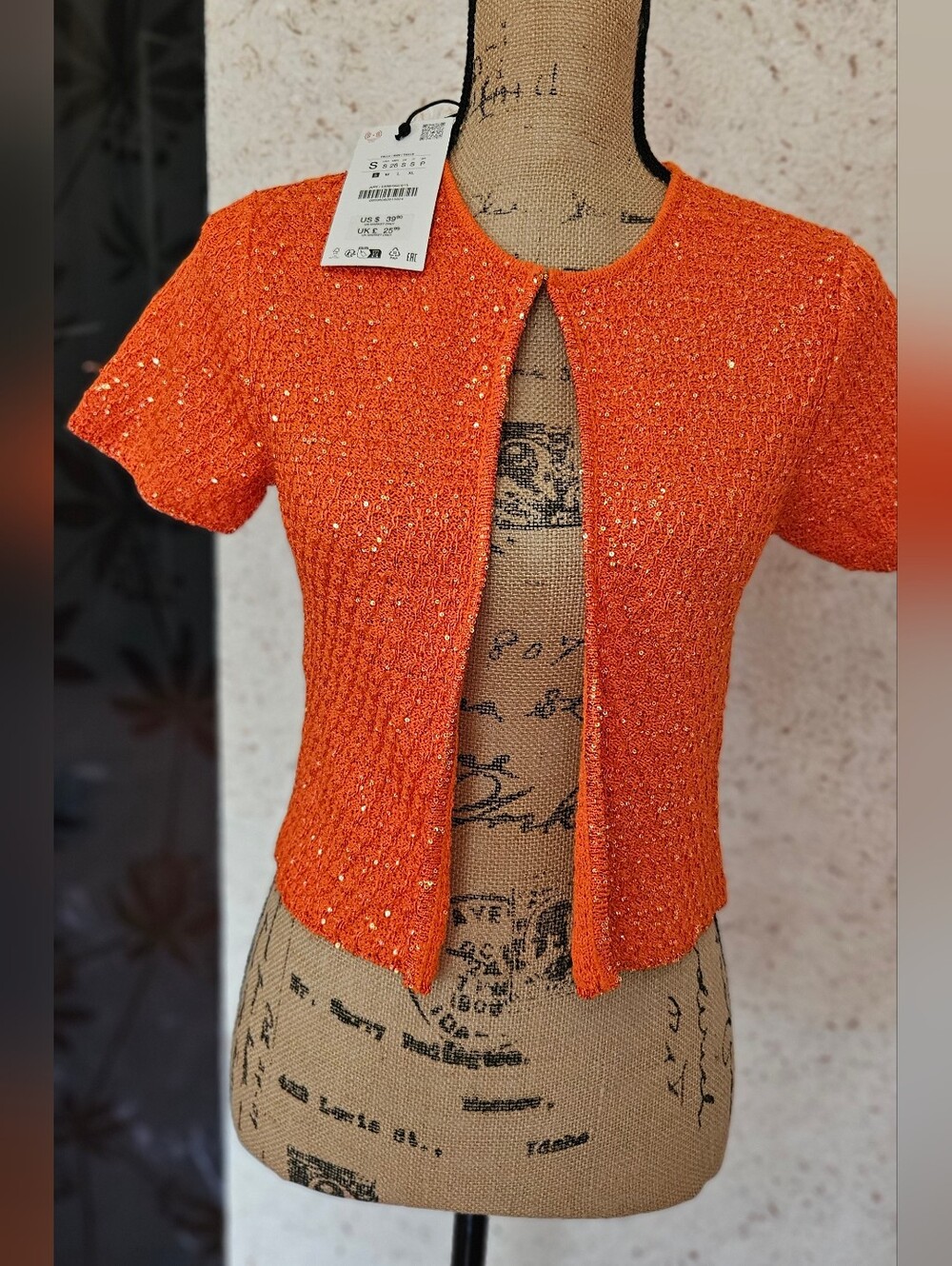 Brand New With Tag Woman Cover Shirt. Zara Size Sl. Hot Orange With Shiny Sequin